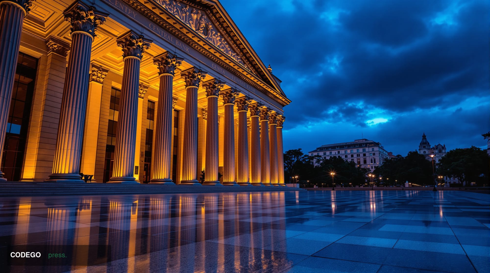 A cinematic editorial photograph of a grand neoclassical central bank building in Pretoria, South Africa, shot at dusk from a