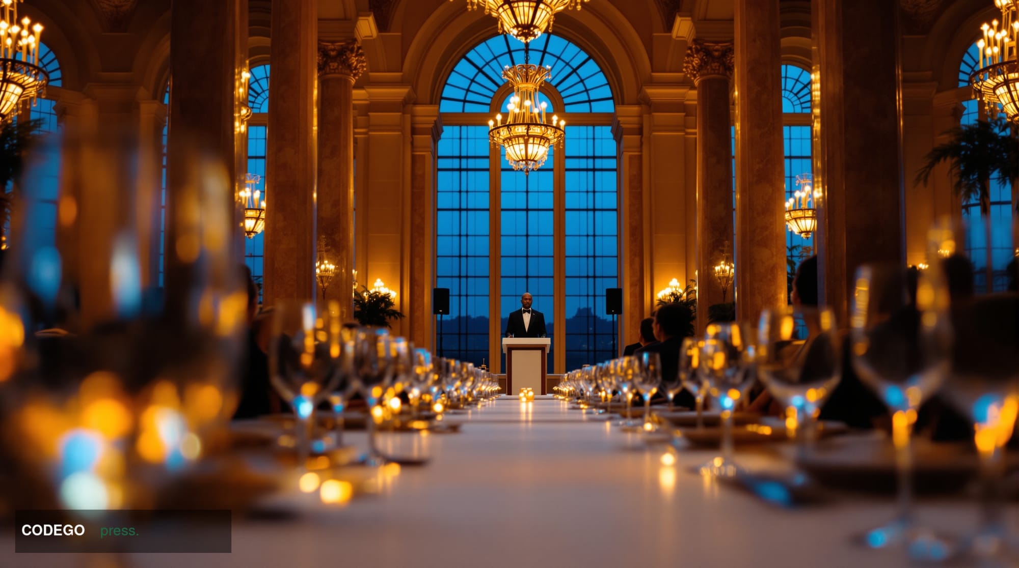 A cinematic editorial photograph of an elegant formal state dinner setting inside a grand neoclassical banking hall in Pretor