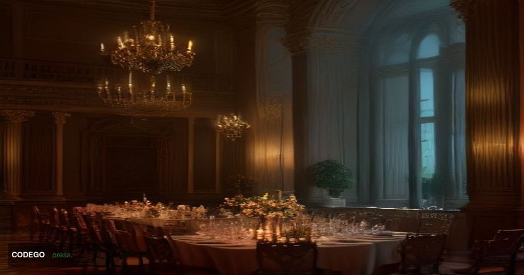 A cinematic editorial photograph capturing the interior of a grand formal dining hall inside a historic South African central