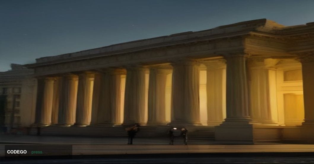 A cinematic photorealistic editorial photograph set at dusk outside a grand neoclassical central bank building in Pretoria, S