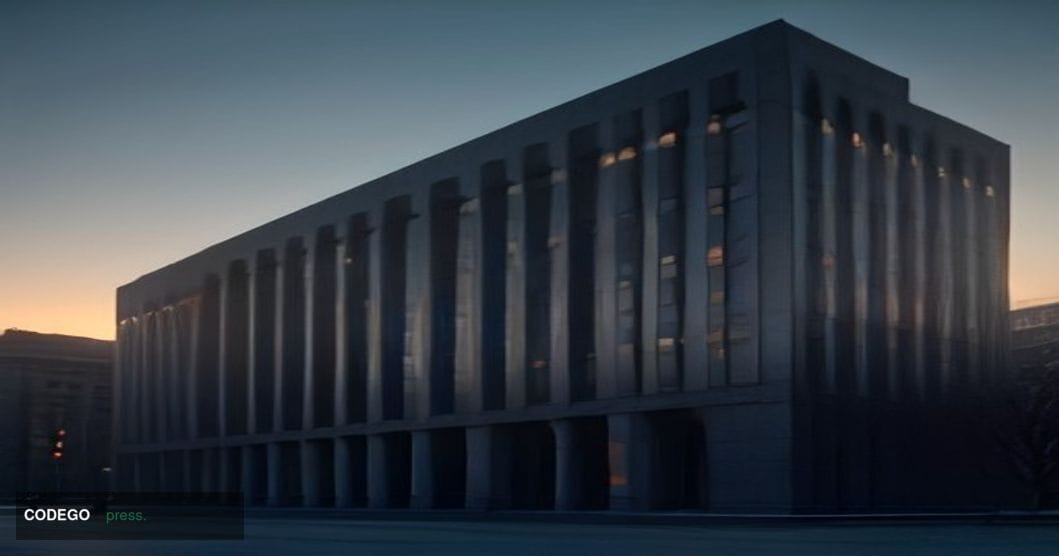 A monumental brutalist Russian bank headquarters exterior at dusk, rendered in cinematic editorial style with dramatic chiaro