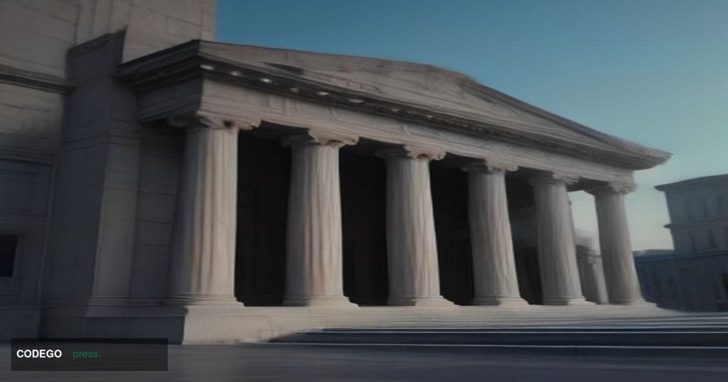 A grand Soviet-era neoclassical bank building — broad stone columns, high arched windows, grey granite facade — photographed 