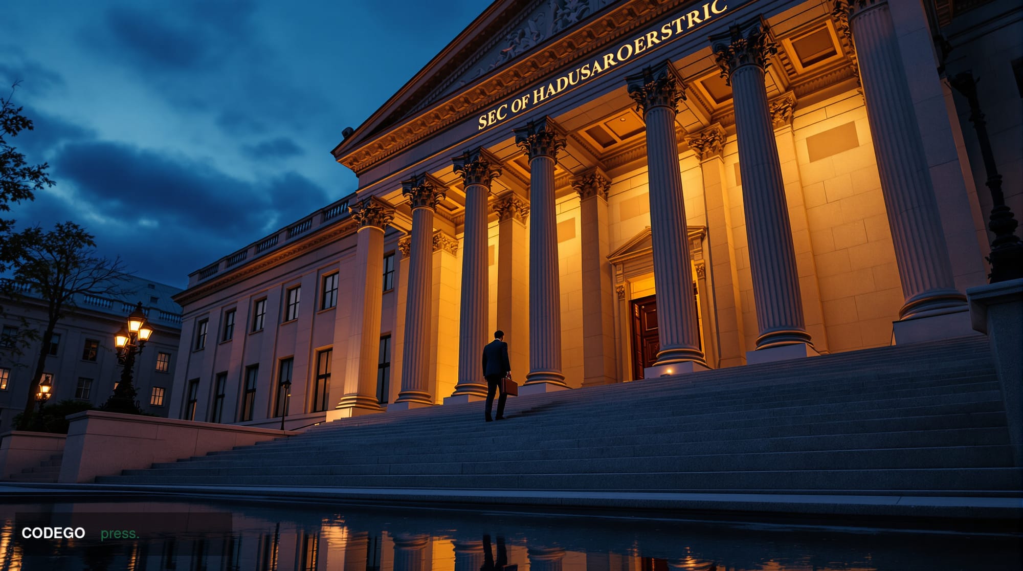 A wide-angle cinematic shot of the exterior of the SEC headquarters building in Washington D.C. — the neoclassical granite fa