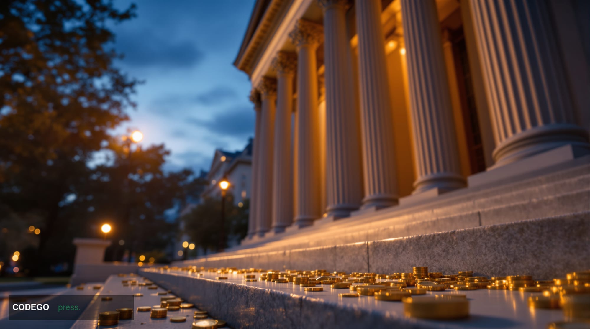 A cinematic editorial photograph shot from a low angle looking up at the imposing neoclassical stone columns of the SEC headq