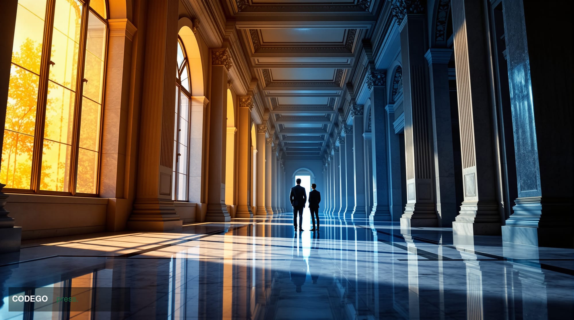 A cinematic editorial photograph set inside a grand neoclassical government building in Washington D.C., capturing a wide mar
