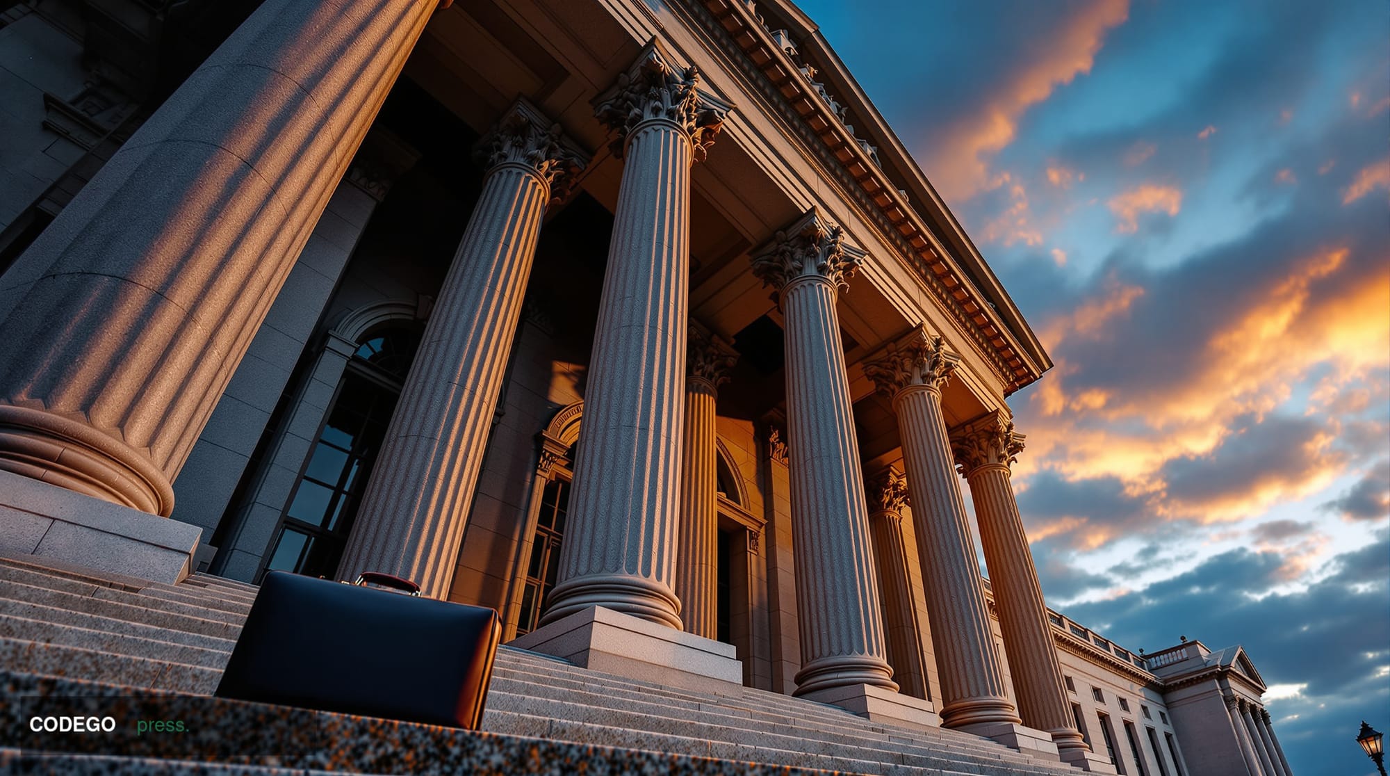 A cinematic, photorealistic 8K editorial photograph shot from a low angle looking up at a imposing neoclassical federal court