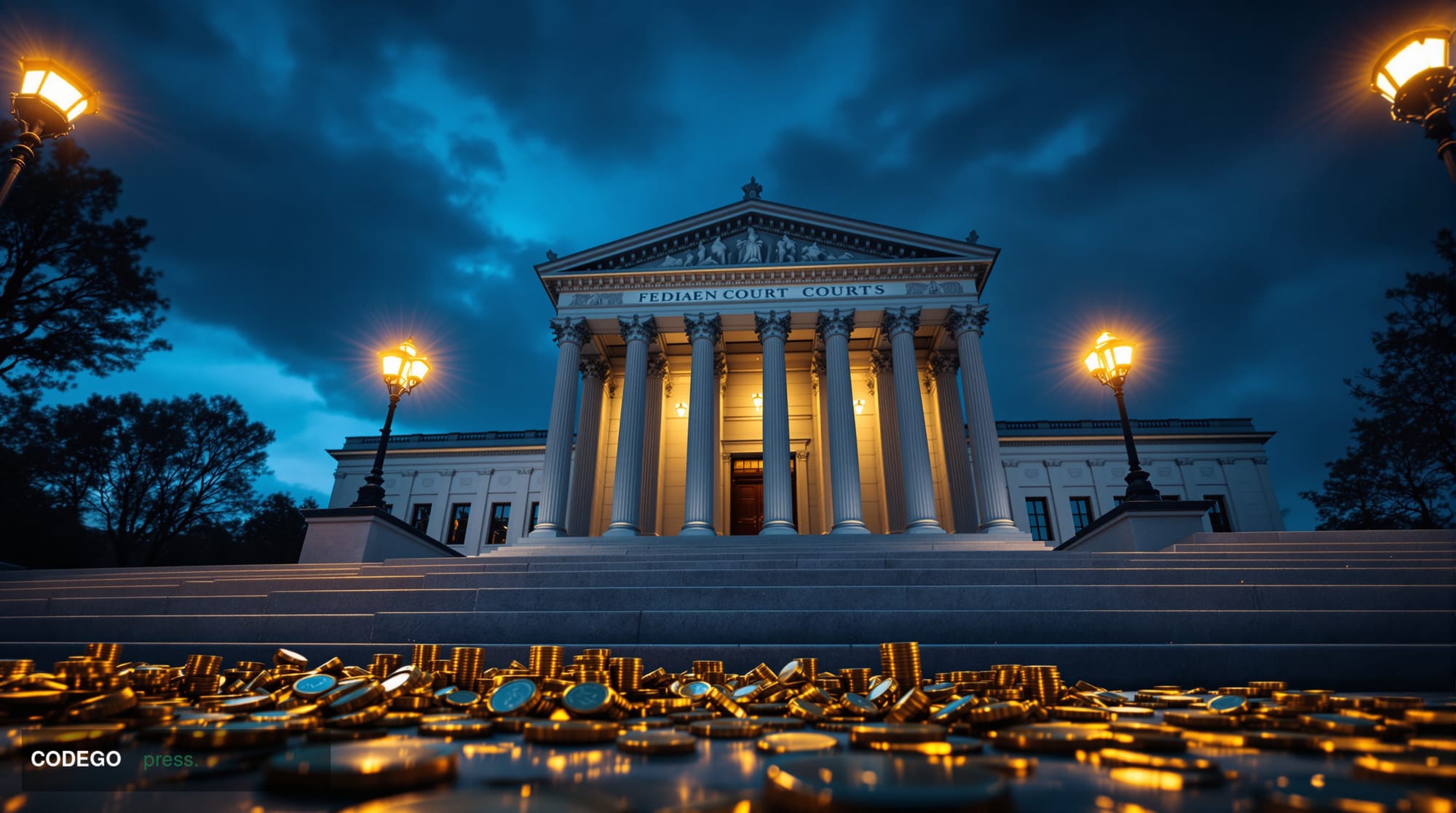A dramatic cinematic editorial photograph of a grand neoclassical federal courthouse exterior at dusk, shot from a low-angle 