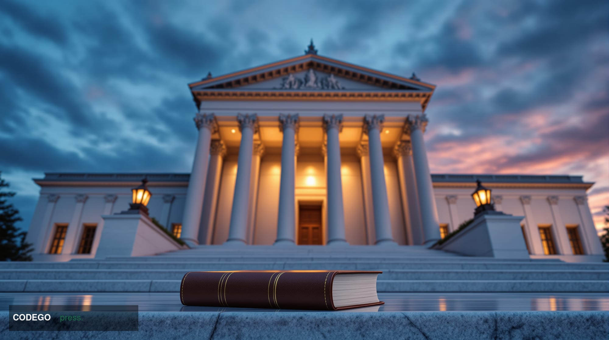 A dramatic wide-angle ground-level shot looking up at the neoclassical stone columns and imposing granite facade of a U.S. fe