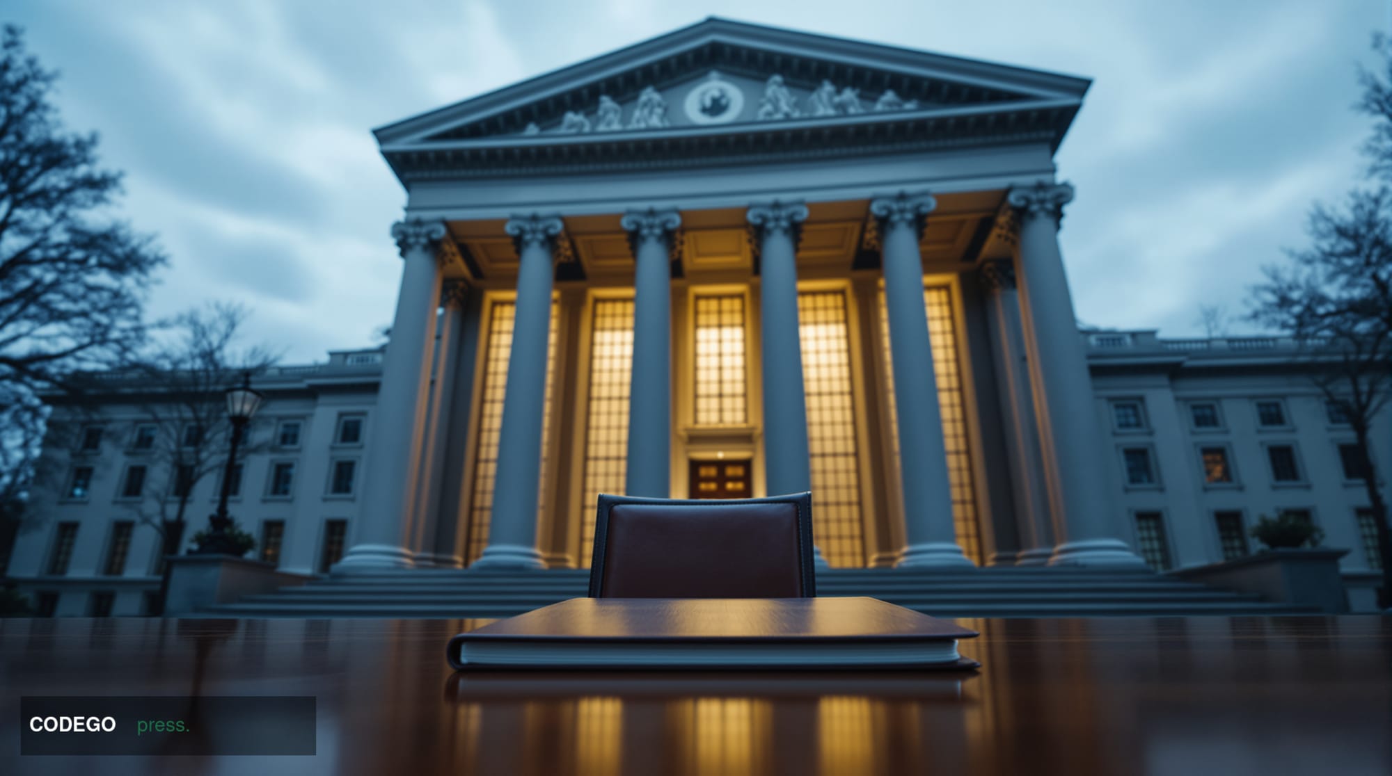 A dramatic cinematic editorial photograph shot from a low angle looking up at the imposing neoclassical granite facade of the