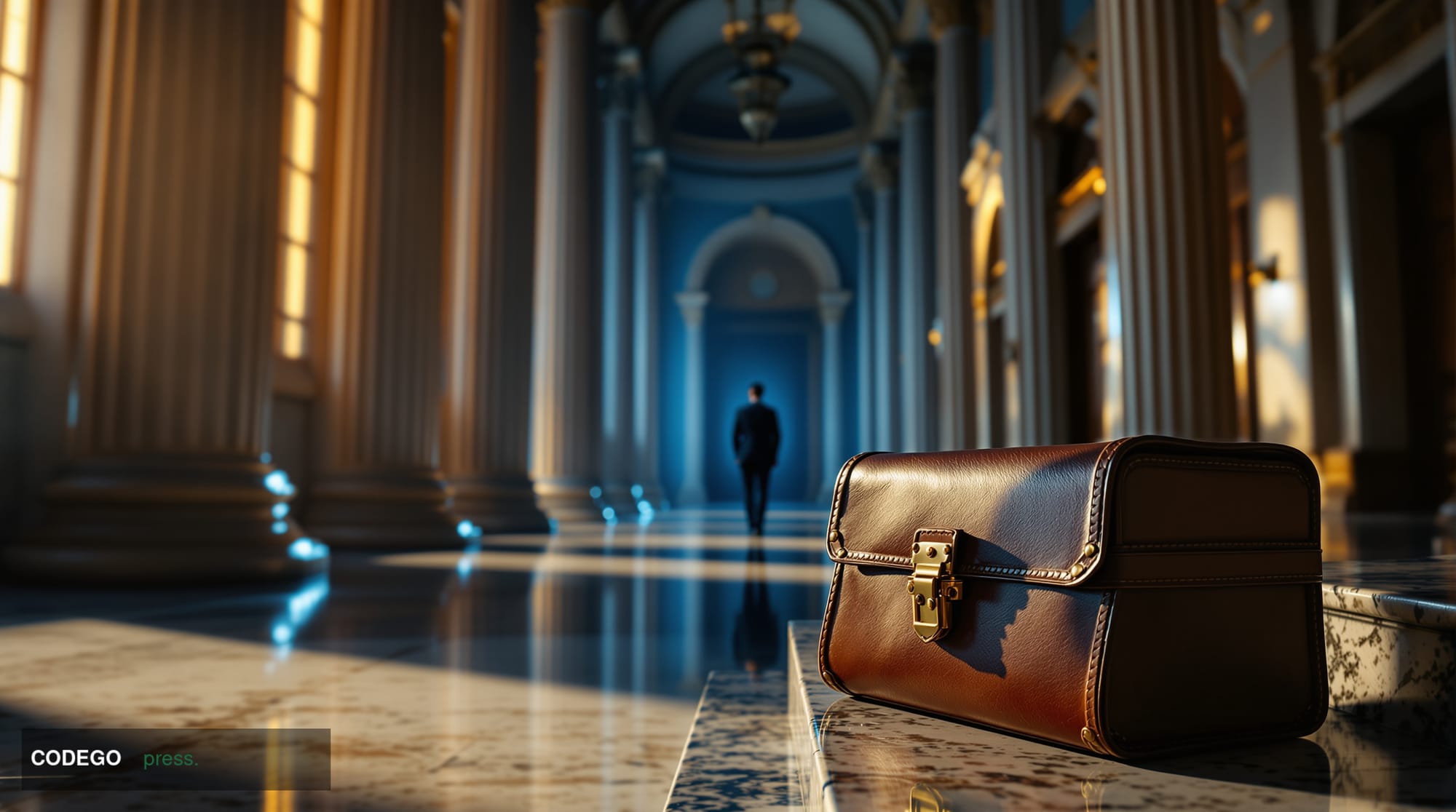 A cinematic editorial photograph set inside a formal federal courthouse corridor, viewed from a low angle looking upward alon