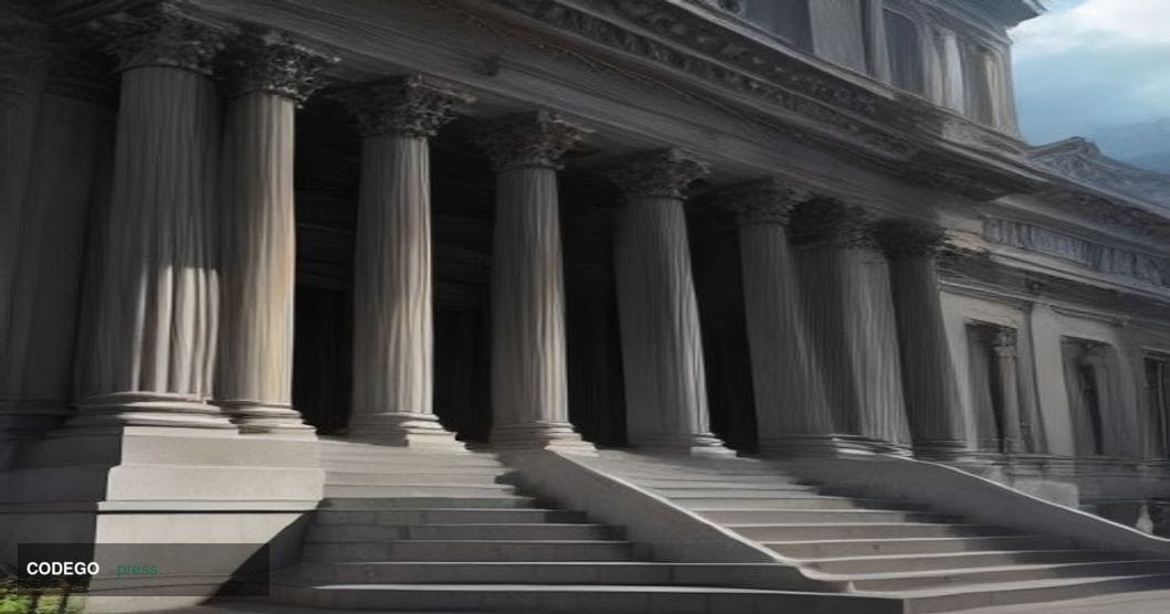 A cinematic editorial photograph shot from a low angle looking up at an imposing neoclassical courthouse facade with broad st