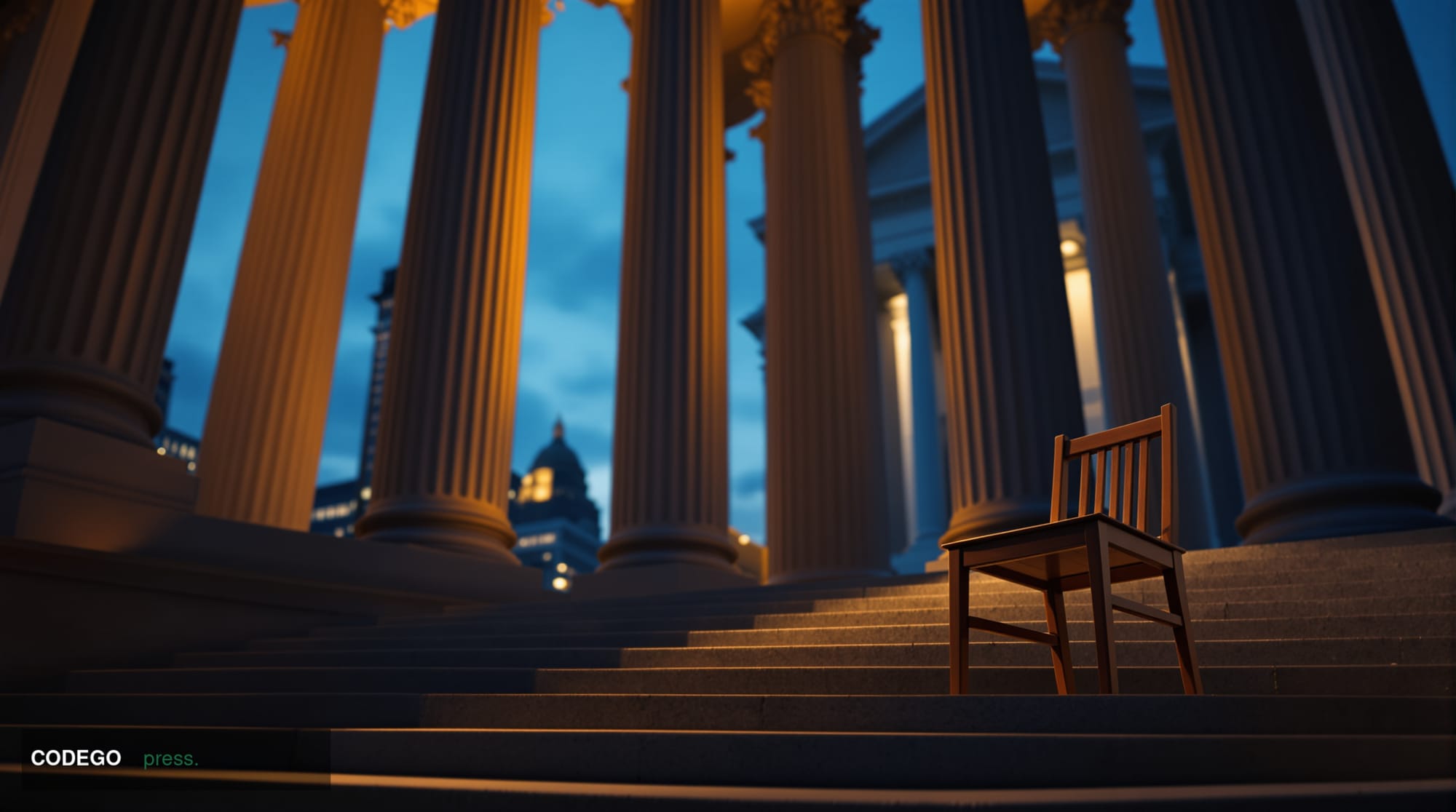A dramatic cinematic editorial photograph set outside a neoclassical federal courthouse in Boston, Massachusetts — recognizab