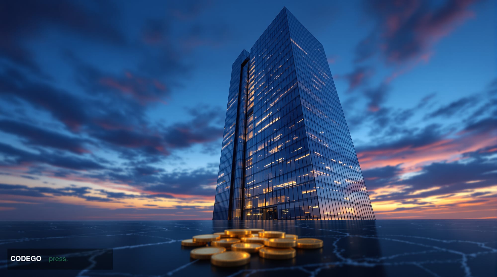 A sleek, modern financial district office tower photographed at dusk from a low angle, its glass facade reflecting warm amber