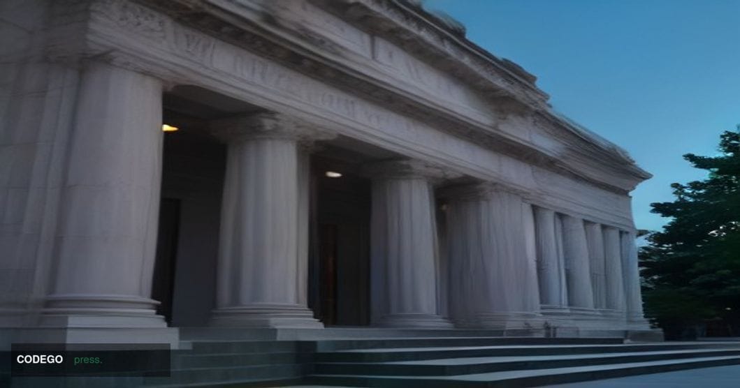 A dramatic wide-angle shot of the exterior of the SEC's Washington D.C. headquarters building — a monumental neoclassical sto