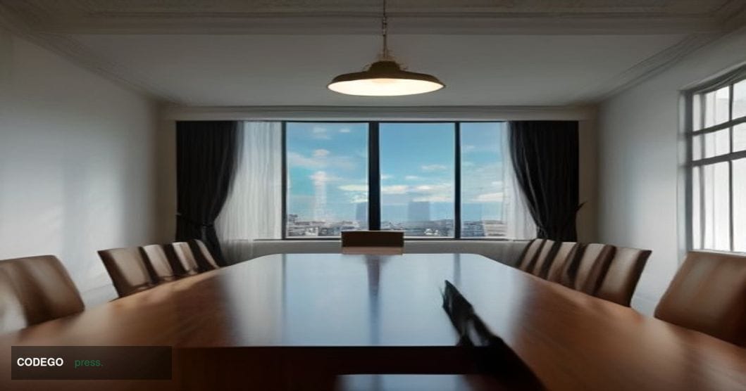 # Image Prompt:

A sleek modern conference room inside the White House Executive Office Building at golden hour, with floor-t