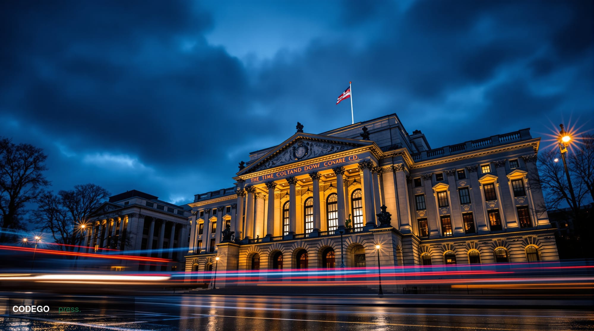 A wide-angle cinematic shot of the exterior of the SEC headquarters building in Washington D.C. at dusk, its neoclassical sto