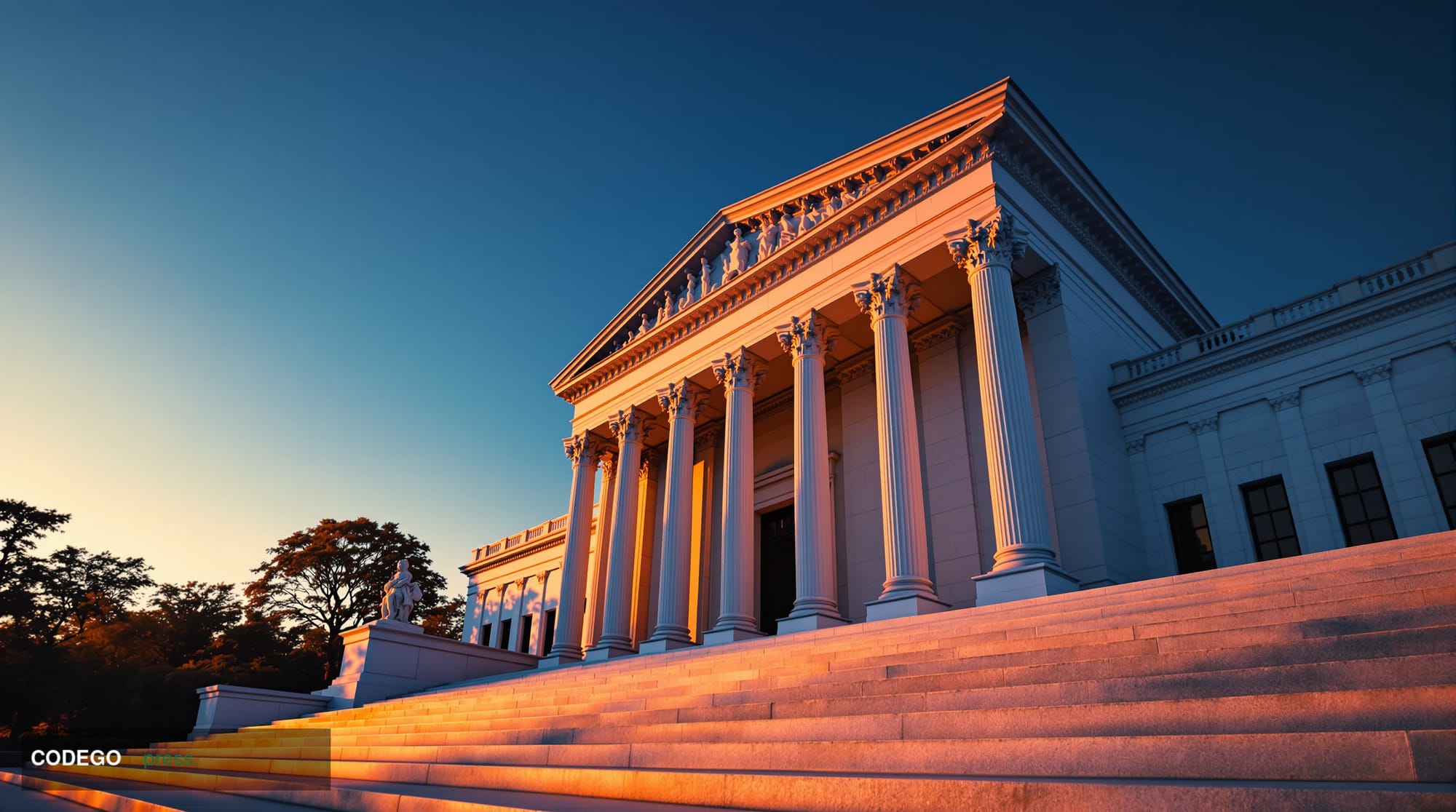 A photorealistic cinematic editorial photograph of the exterior of a monumental neoclassical government building in Washingto
