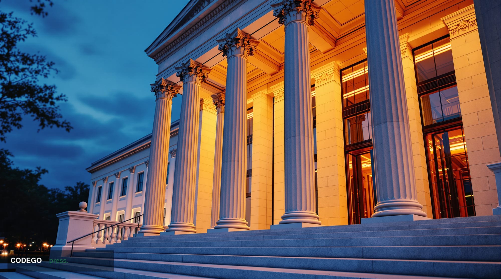 A grand neoclassical government building exterior modeled on Washington D.C. federal architecture, photographed at dusk from 
