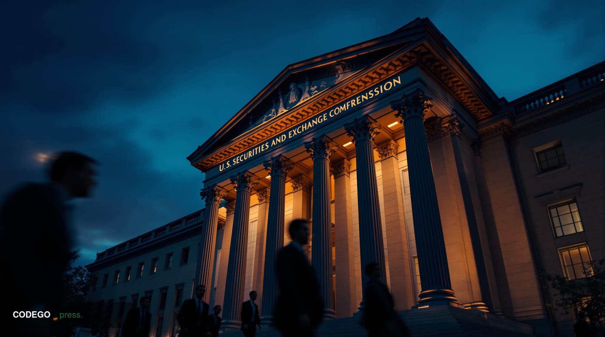 A cinematic editorial photograph of the U.S. Securities and Exchange Commission headquarters building in Washington D.C., cap