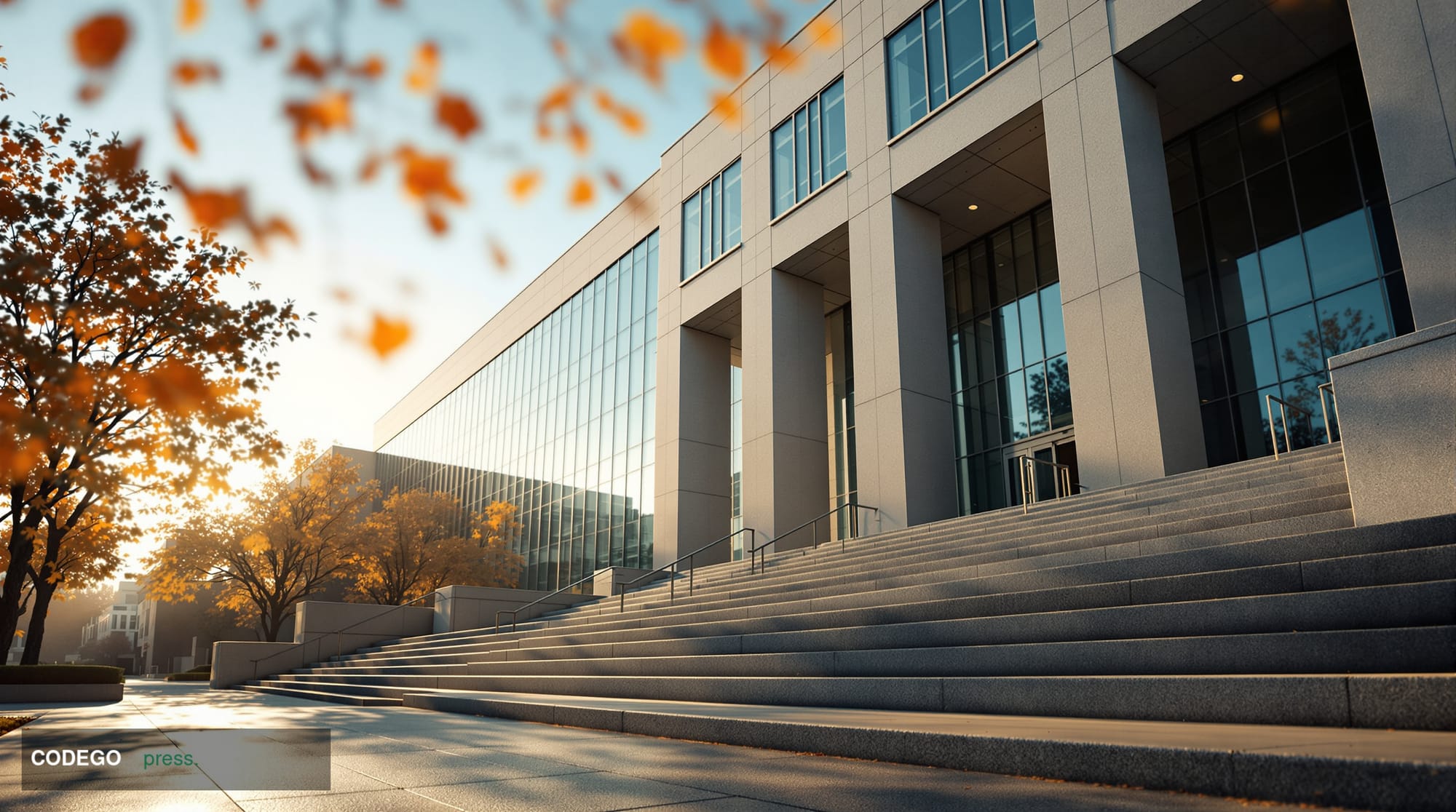 A dramatic wide-angle exterior shot of the SEC headquarters in Washington D.C. — the modernist federal building facade render