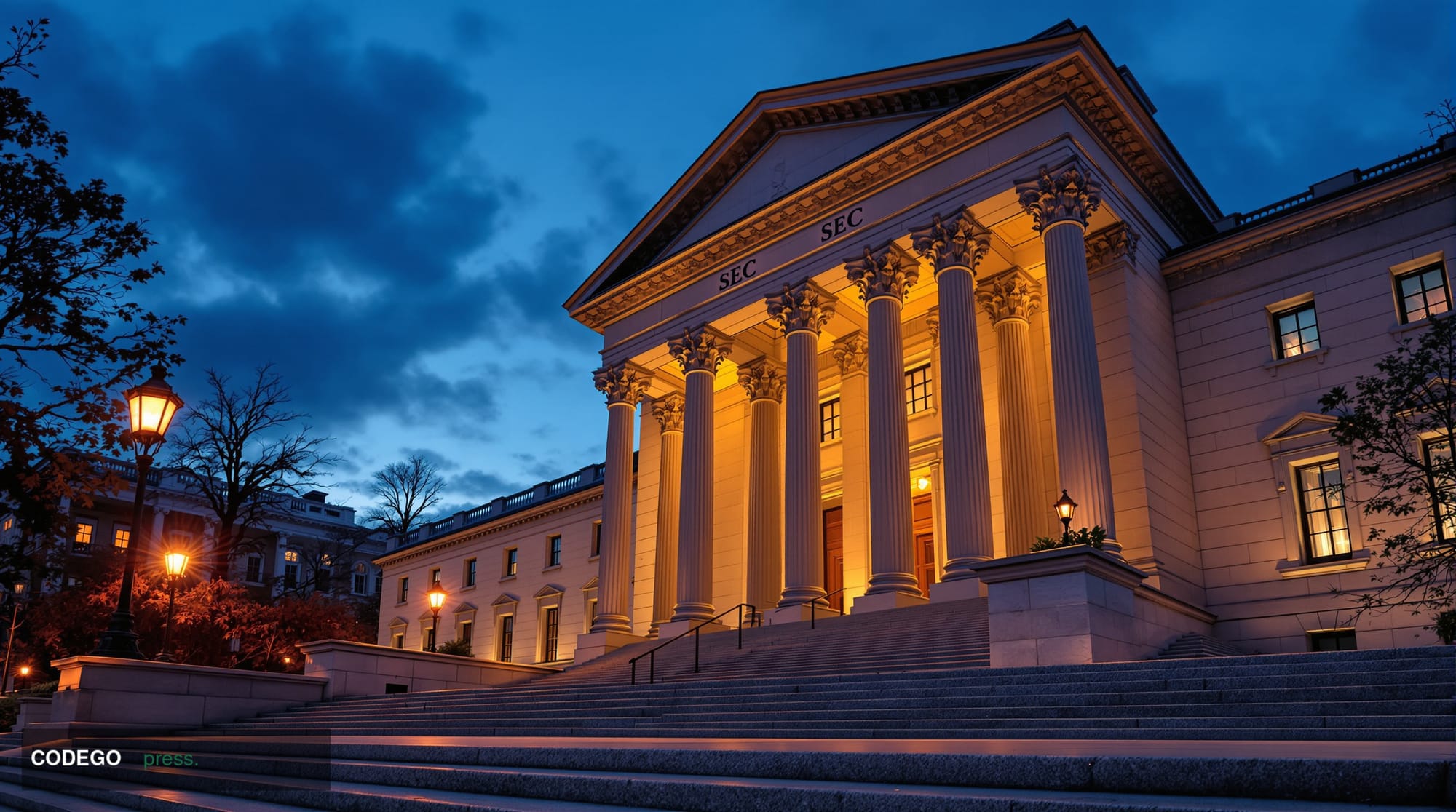A dramatic wide-angle shot of the neoclassical SEC headquarters building in Washington D.C. at dusk, its iconic marble column
