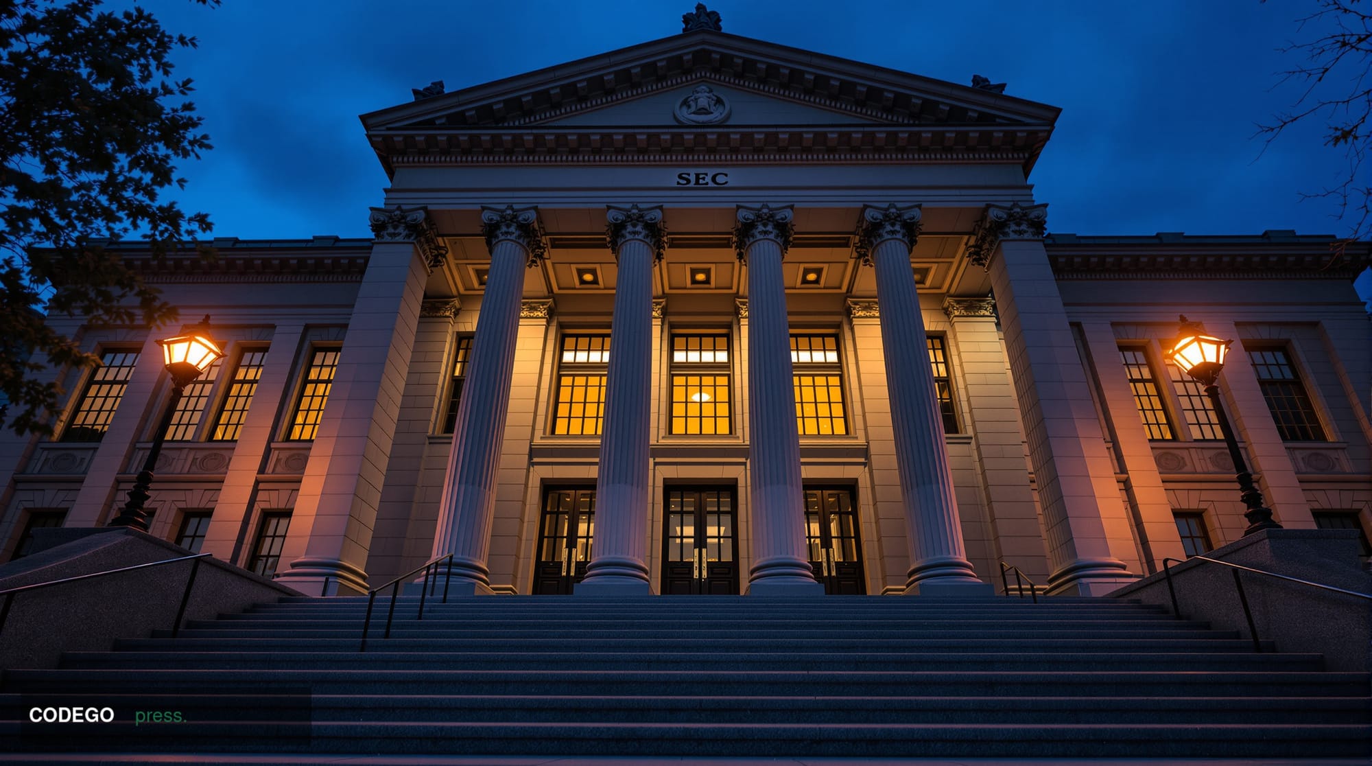 A wide-angle exterior shot of the SEC's Washington D.C. headquarters building at dusk, its neoclassical stone facade bathed i