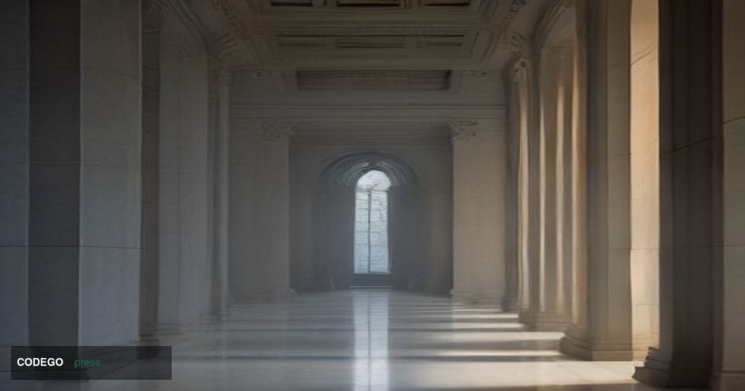 A cinematic editorial photograph set inside a grand federal regulatory building interior — marble floors, towering stone colu