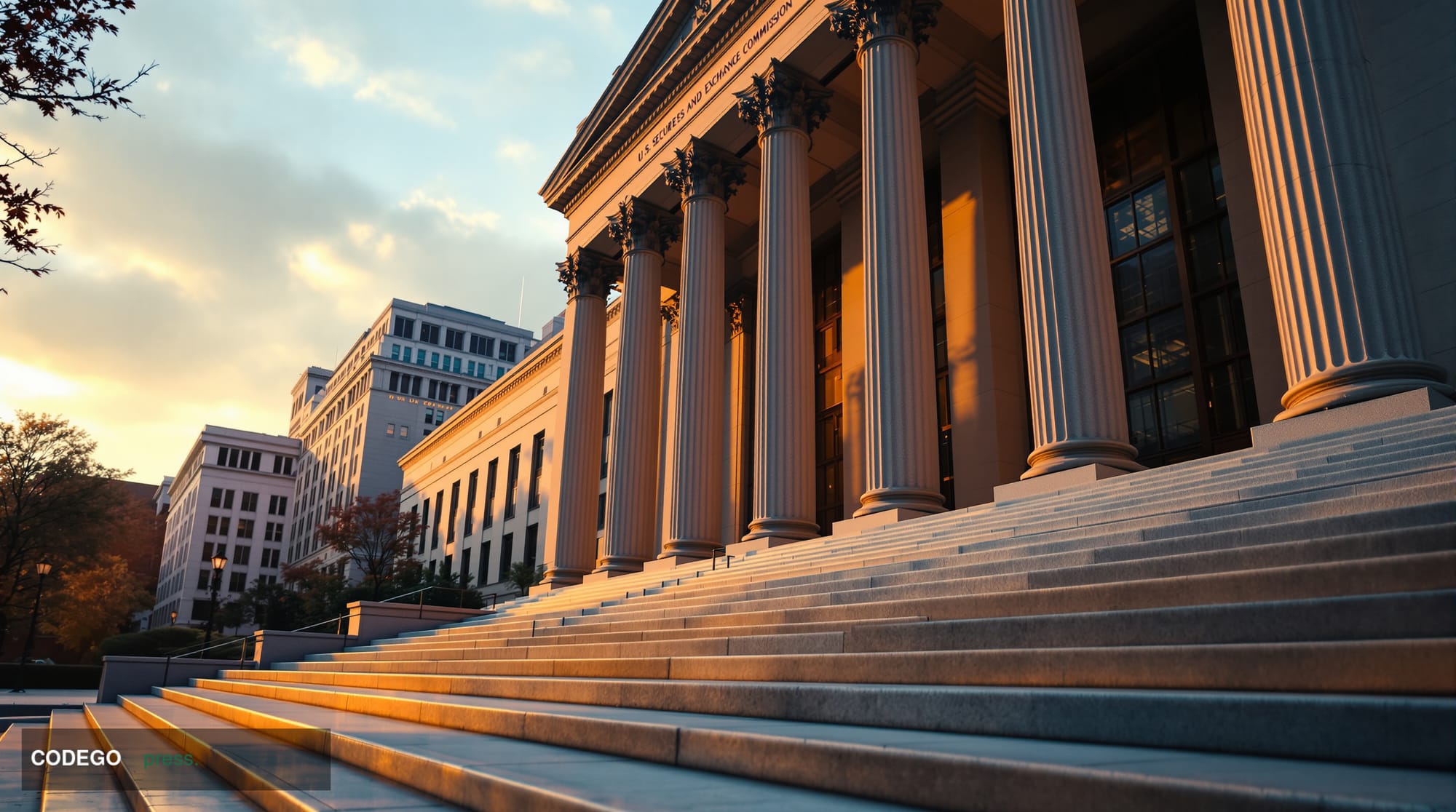 A photorealistic cinematic editorial photograph of the exterior of the U.S. Securities and Exchange Commission headquarters i