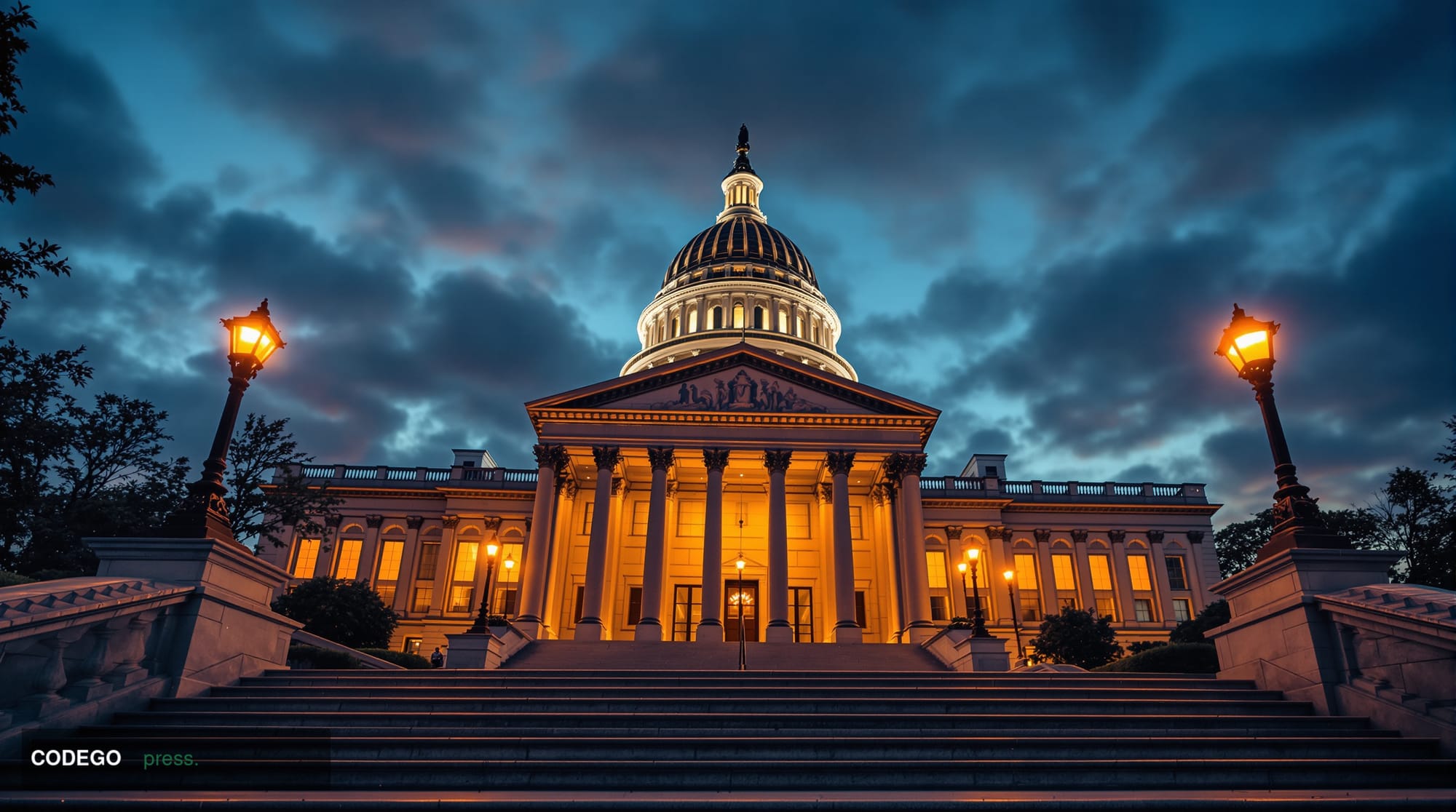 A wide-angle cinematic shot of the exterior of the SEC headquarters building in Washington D.C., captured at dusk with dramat