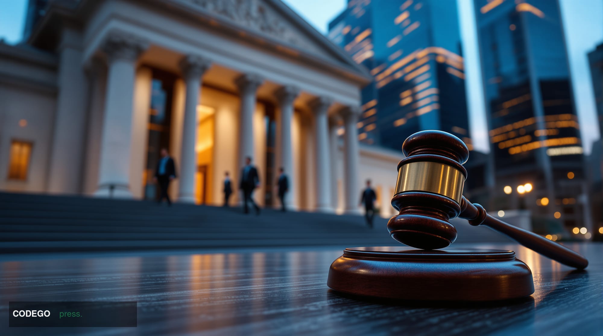 A dramatic cinematic editorial photograph capturing the exterior of a modern American financial regulatory building — a grand