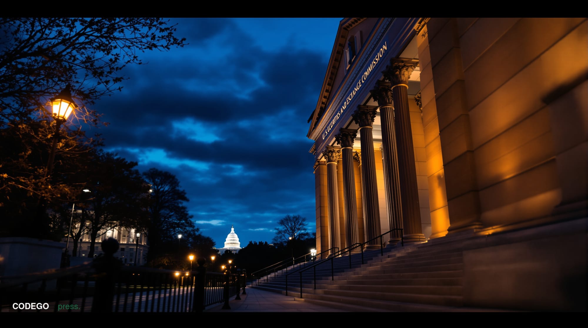 A dramatic wide-angle exterior shot of the U.S. Securities and Exchange Commission headquarters building in Washington D.C., 