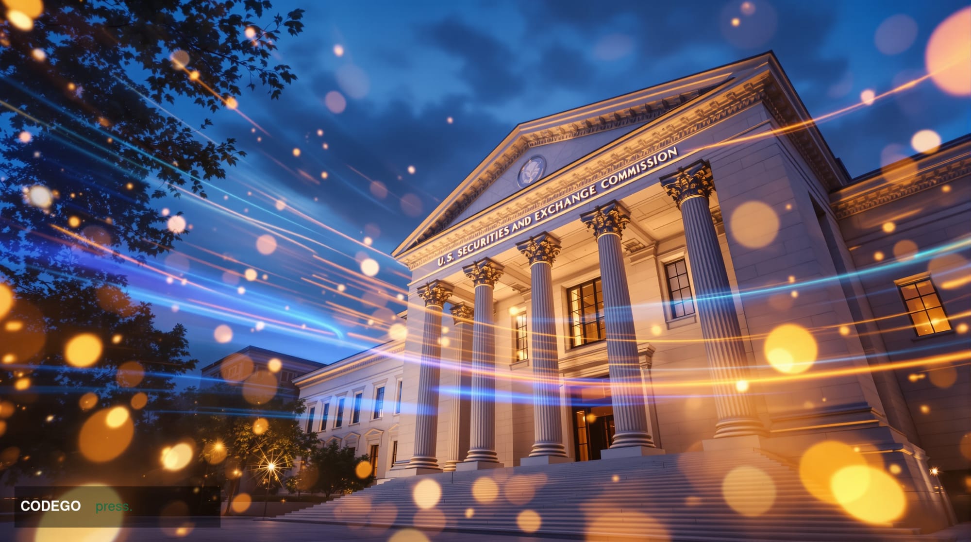 A sweeping cinematic exterior shot of the U.S. Securities and Exchange Commission headquarters in Washington D.C., captured a