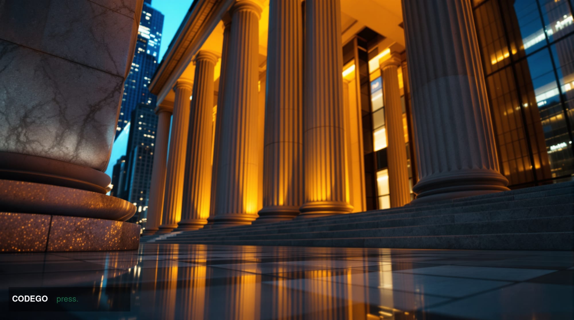 A dramatic cinematic editorial photograph of a grand neoclassical government financial building exterior at dusk, its stone c