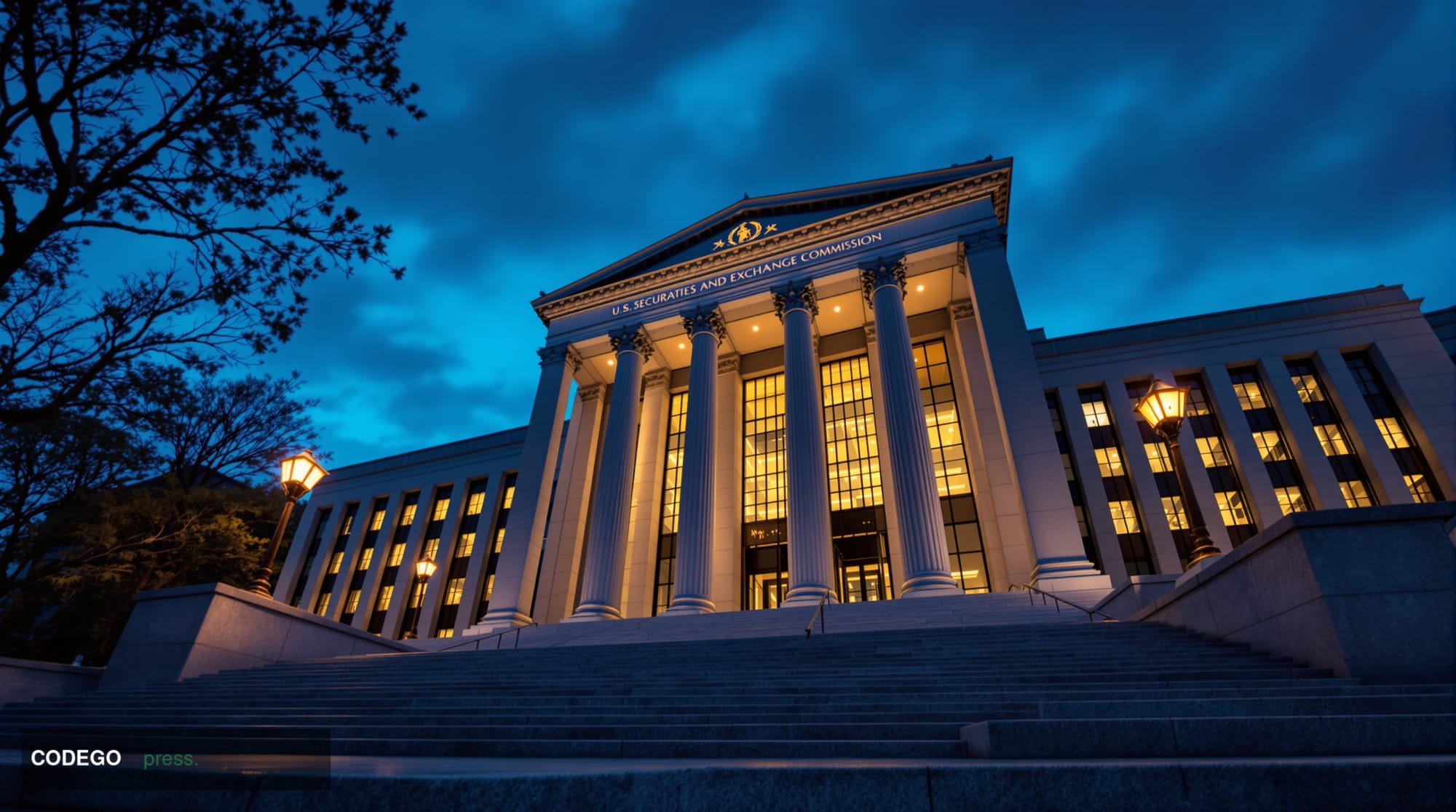 A photorealistic cinematic editorial photograph of the U.S. Securities and Exchange Commission headquarters building in Washi