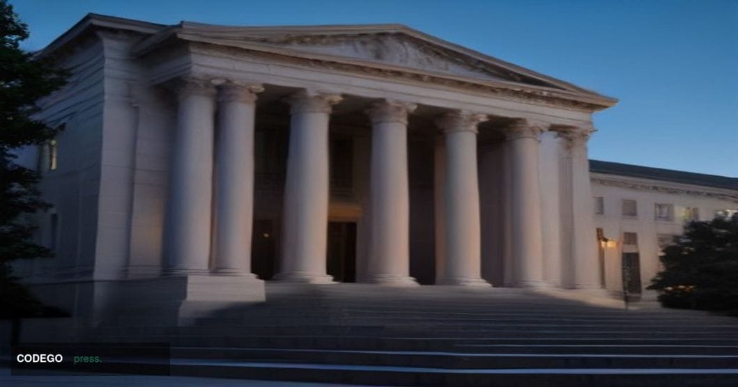 A cinematic editorial photograph of the SEC's Washington D.C. headquarters building exterior at dusk, the neoclassical stone 