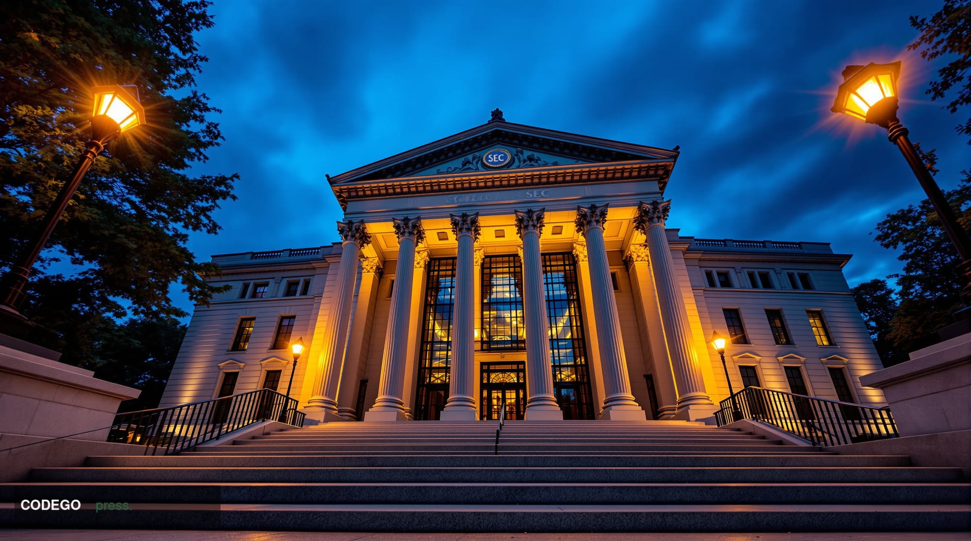 A wide-angle cinematic shot of the neoclassical facade of the SEC headquarters building in Washington D.C. at dusk, its pale 