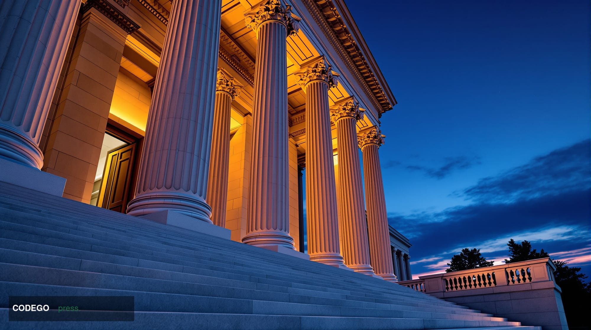A grand neoclassical federal government building in Washington D.C. photographed at dusk from a low-angle perspective, with d
