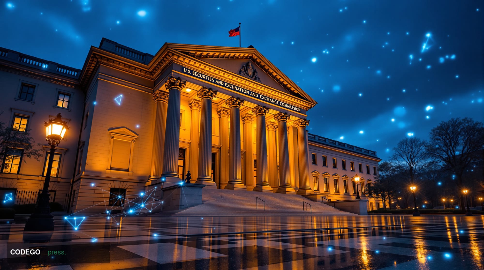 A wide-angle cinematic shot of the exterior of the U.S. Securities and Exchange Commission headquarters building in Washingto