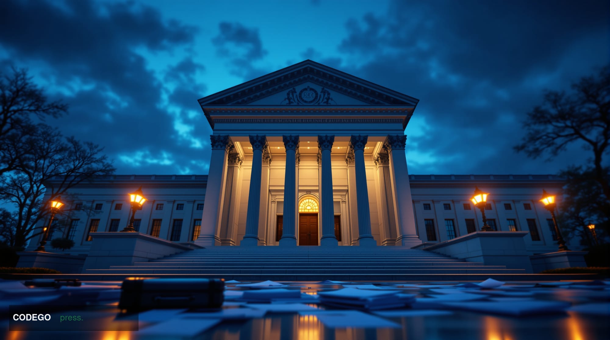 A grand neoclassical federal building exterior — modeled on the SEC's Washington D.C. headquarters at 100 F Street — photogra