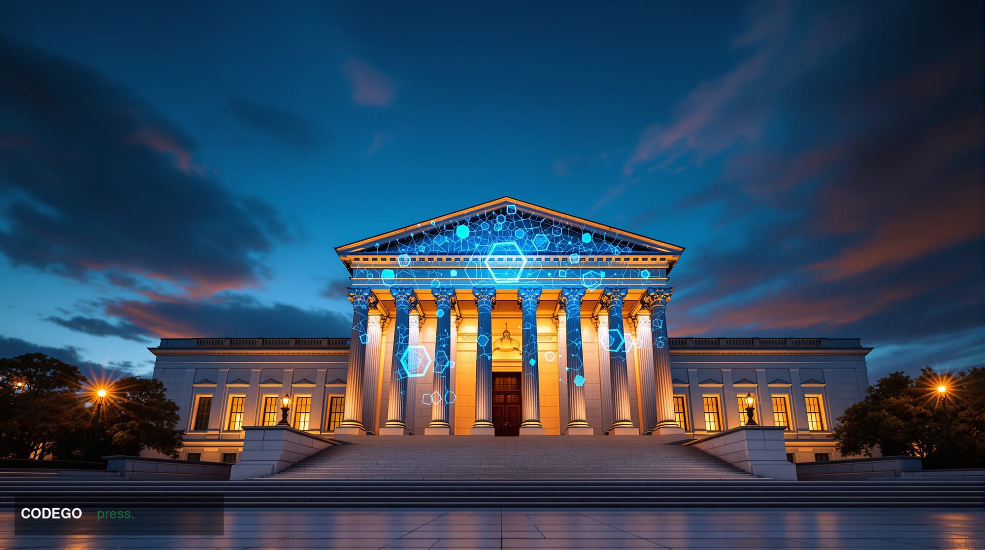 A monumental neoclassical government building — modeled on the imposing granite and marble facade of the SEC's Washington D.C