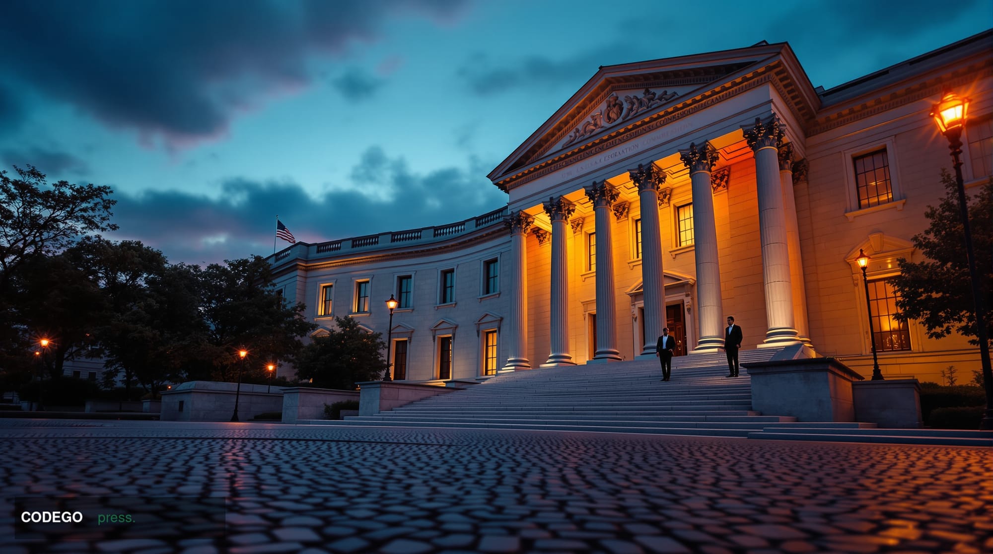 A dramatic wide-angle shot of the exterior of the U.S. Securities and Exchange Commission headquarters building in Washington