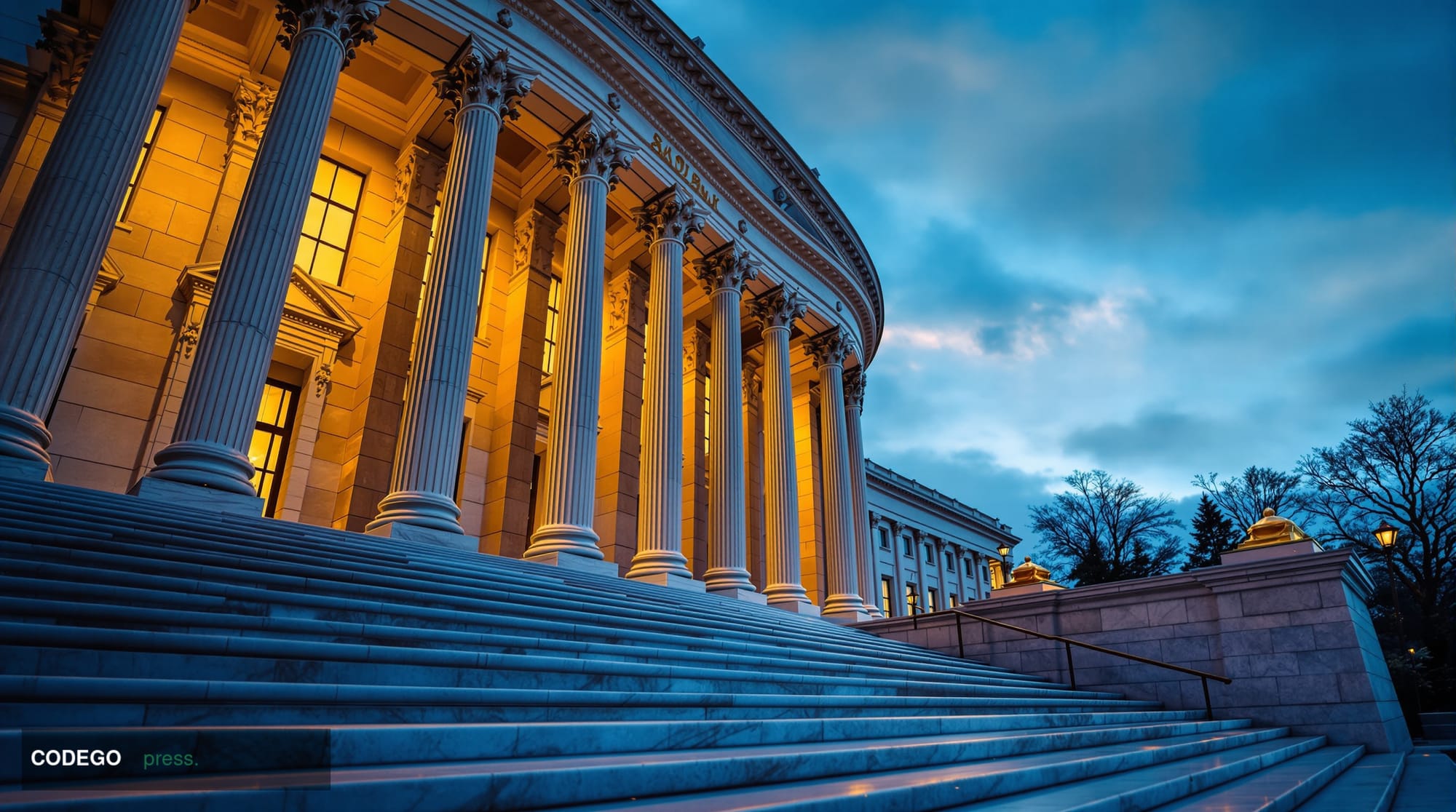 A dramatic wide-angle exterior shot of the U.S. Securities and Exchange Commission headquarters building in Washington D.C., 