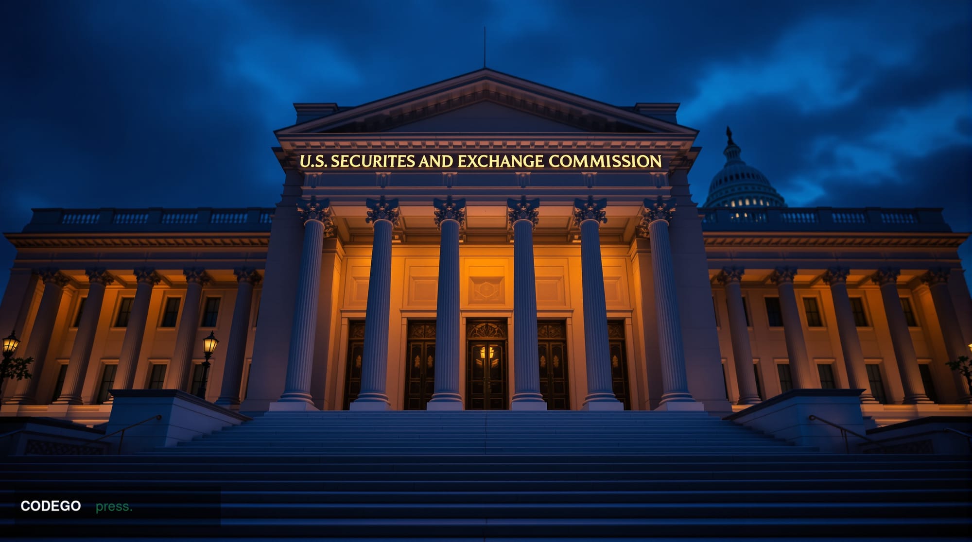 A cinematic editorial photograph of the exterior of the U.S. Securities and Exchange Commission headquarters building in Wash