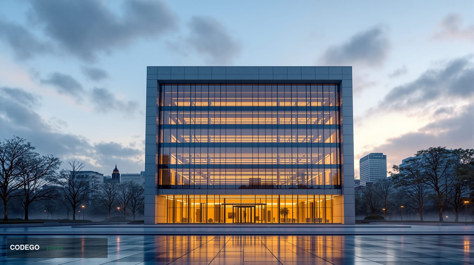 A dramatic wide-angle exterior shot of the SEC headquarters building in Washington D.C. — the modernist glass-and-stone façad