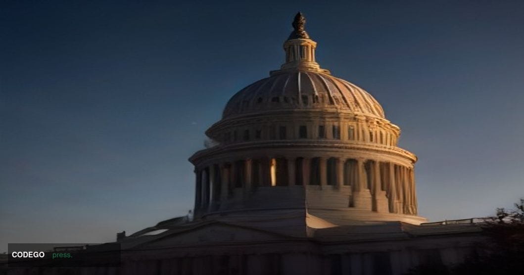 A dramatic wide-angle photorealistic editorial photograph of the United States Capitol building in Washington D.C. at dusk, s