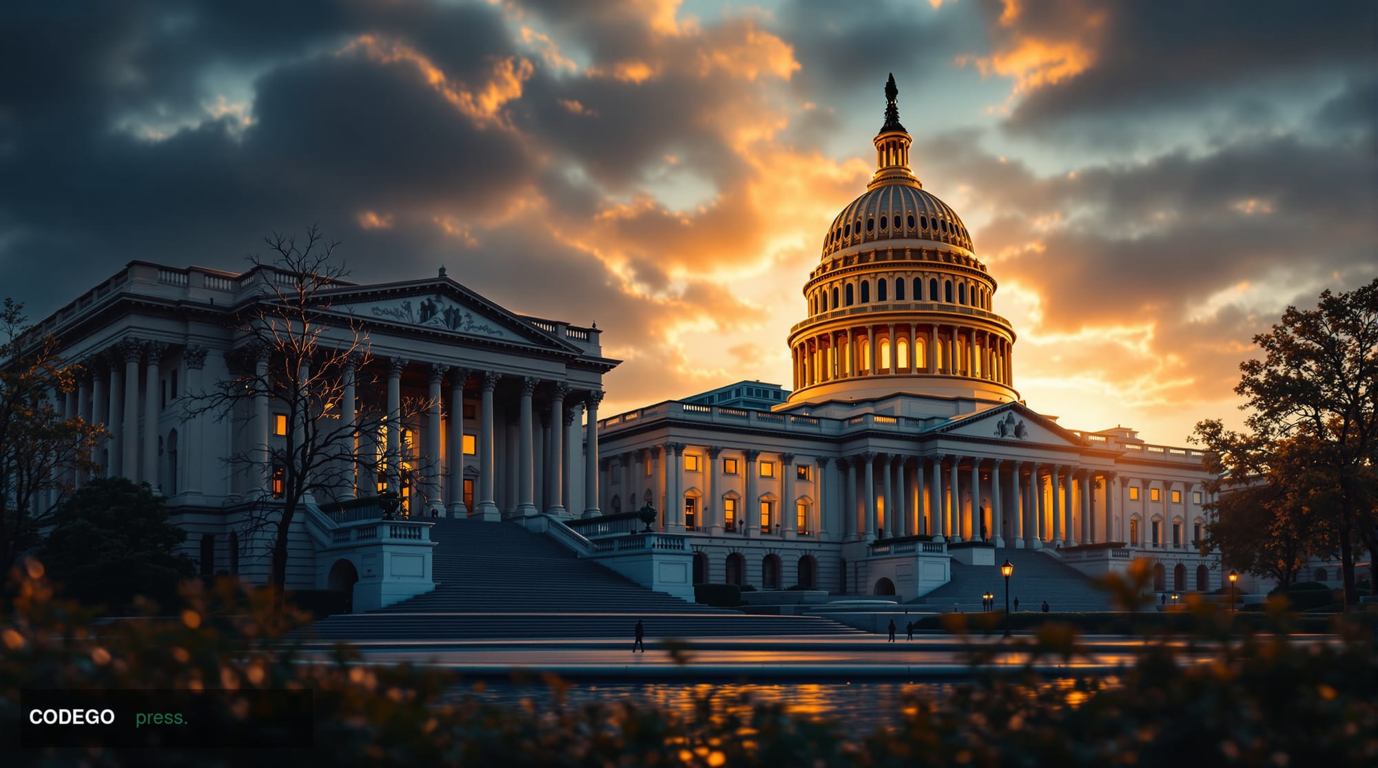 A wide-angle photorealistic editorial photograph of the United States Capitol building in Washington D.C. at late afternoon, 