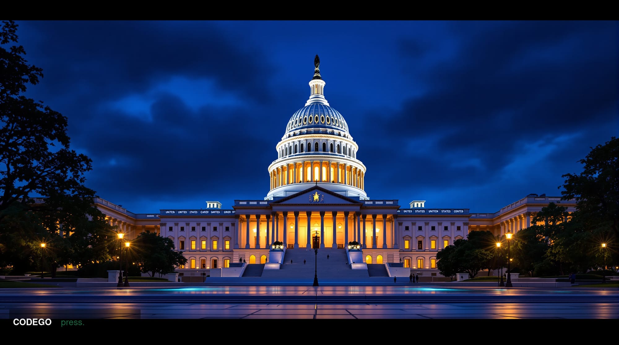A dramatic wide-angle shot of the United States Capitol building in Washington D.C. at dusk, viewed from the west front plaza