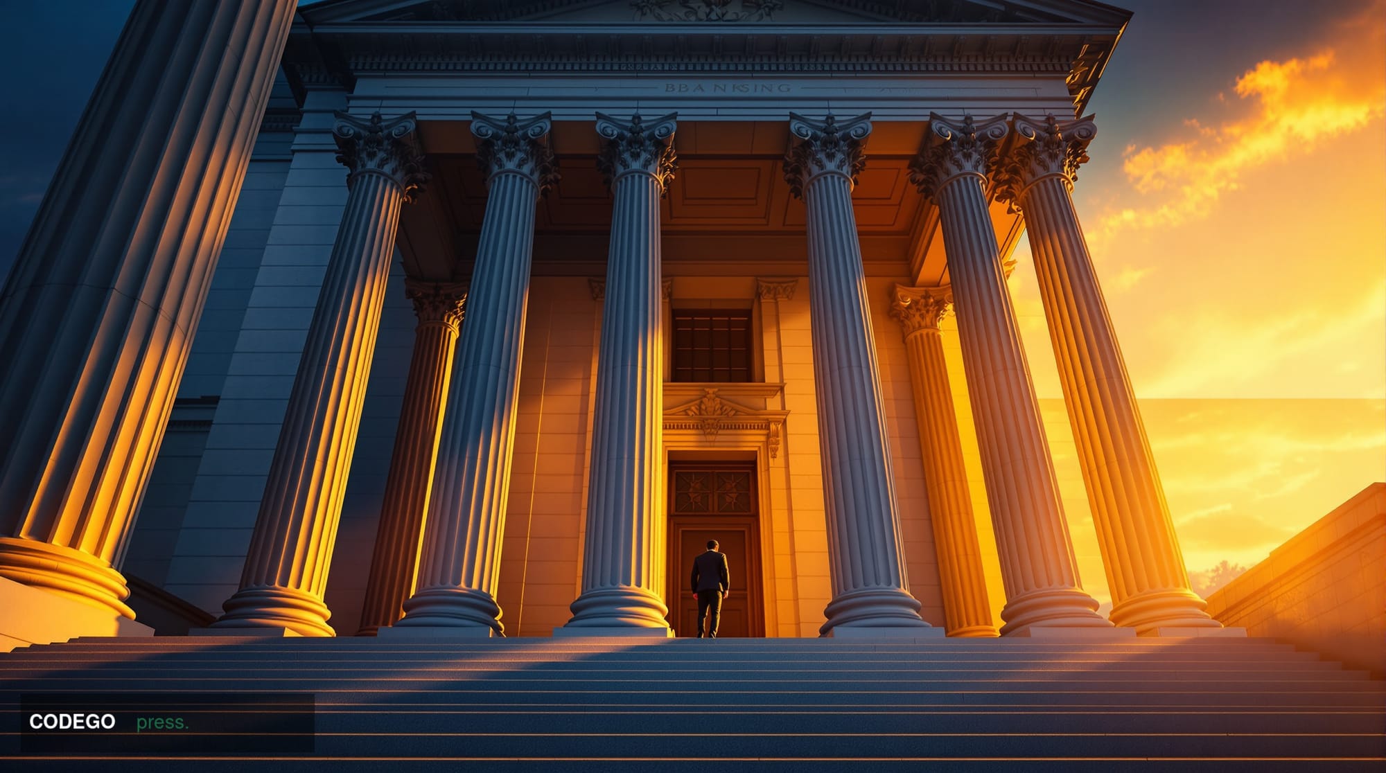 A cinematic editorial photograph of a grand neoclassical federal banking institution exterior, shot from a low angle looking 