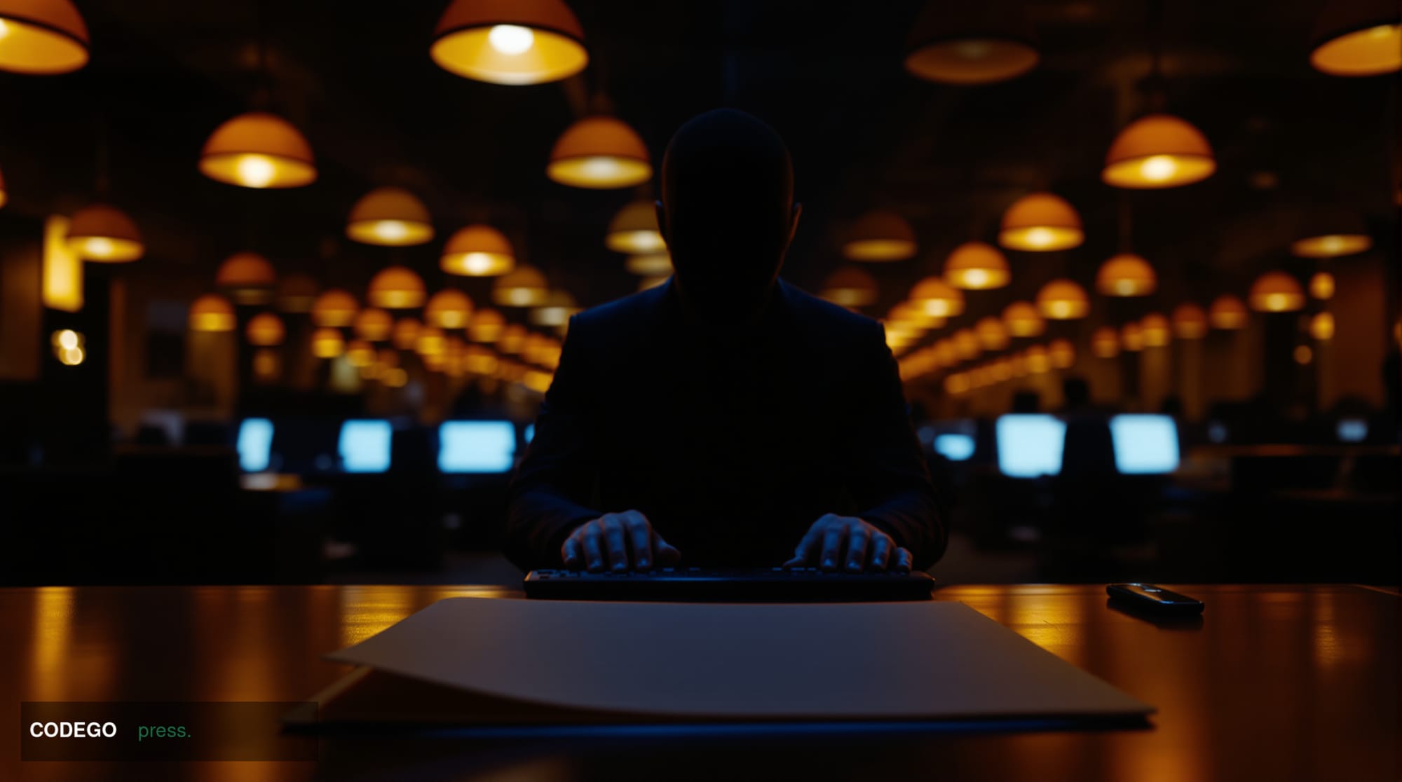 A cinematic editorial photograph set inside a dimly lit bank operations floor at night, shot from a low angle looking up towa