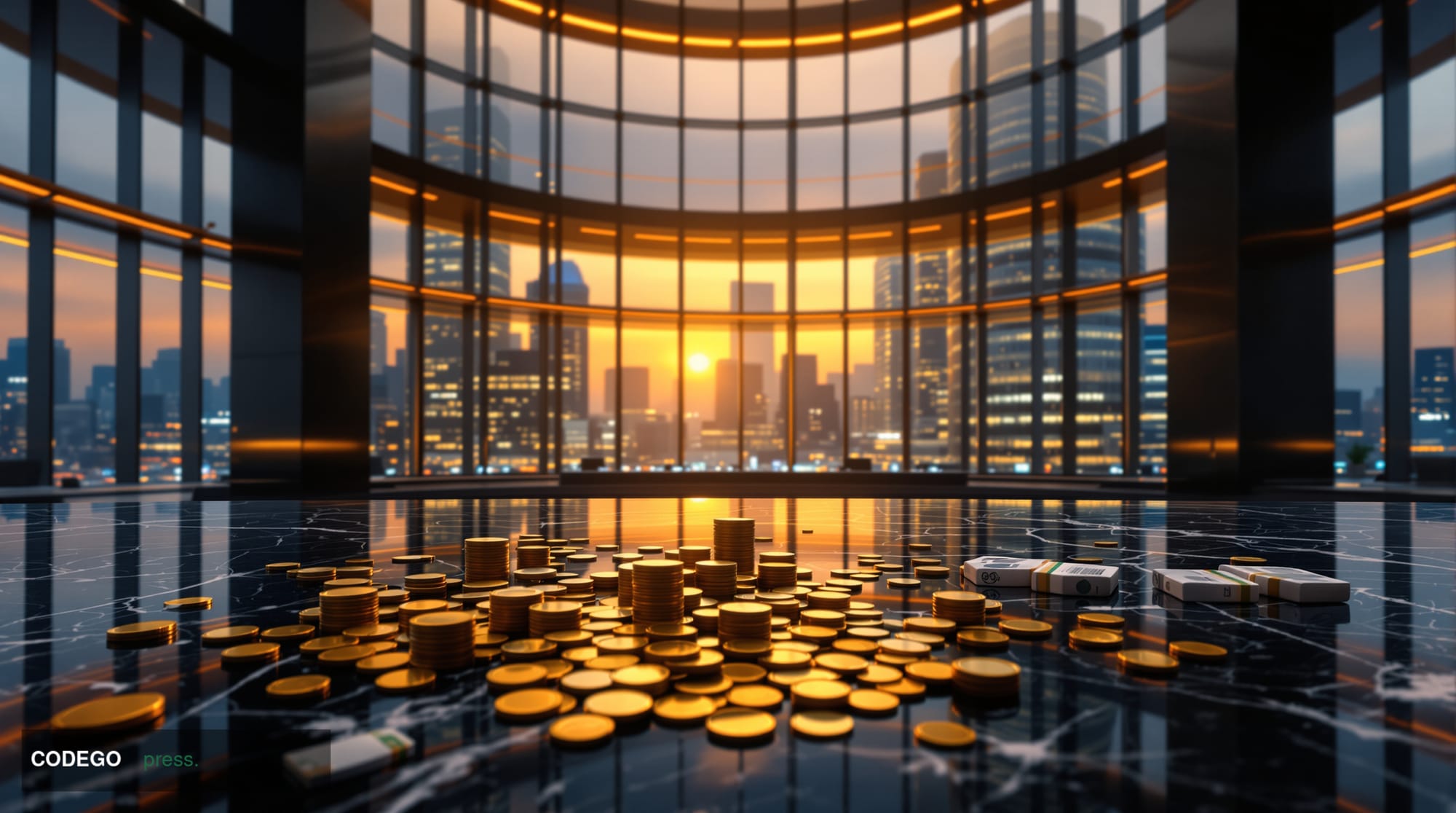 A photorealistic editorial photograph shot from a low camera angle looking up at a grand, modernist corporate treasury operat